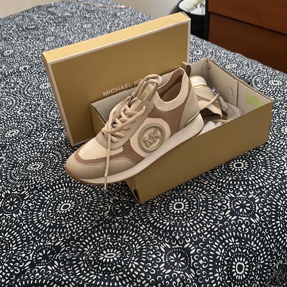 Khaki, cream & gold MK sneakers.